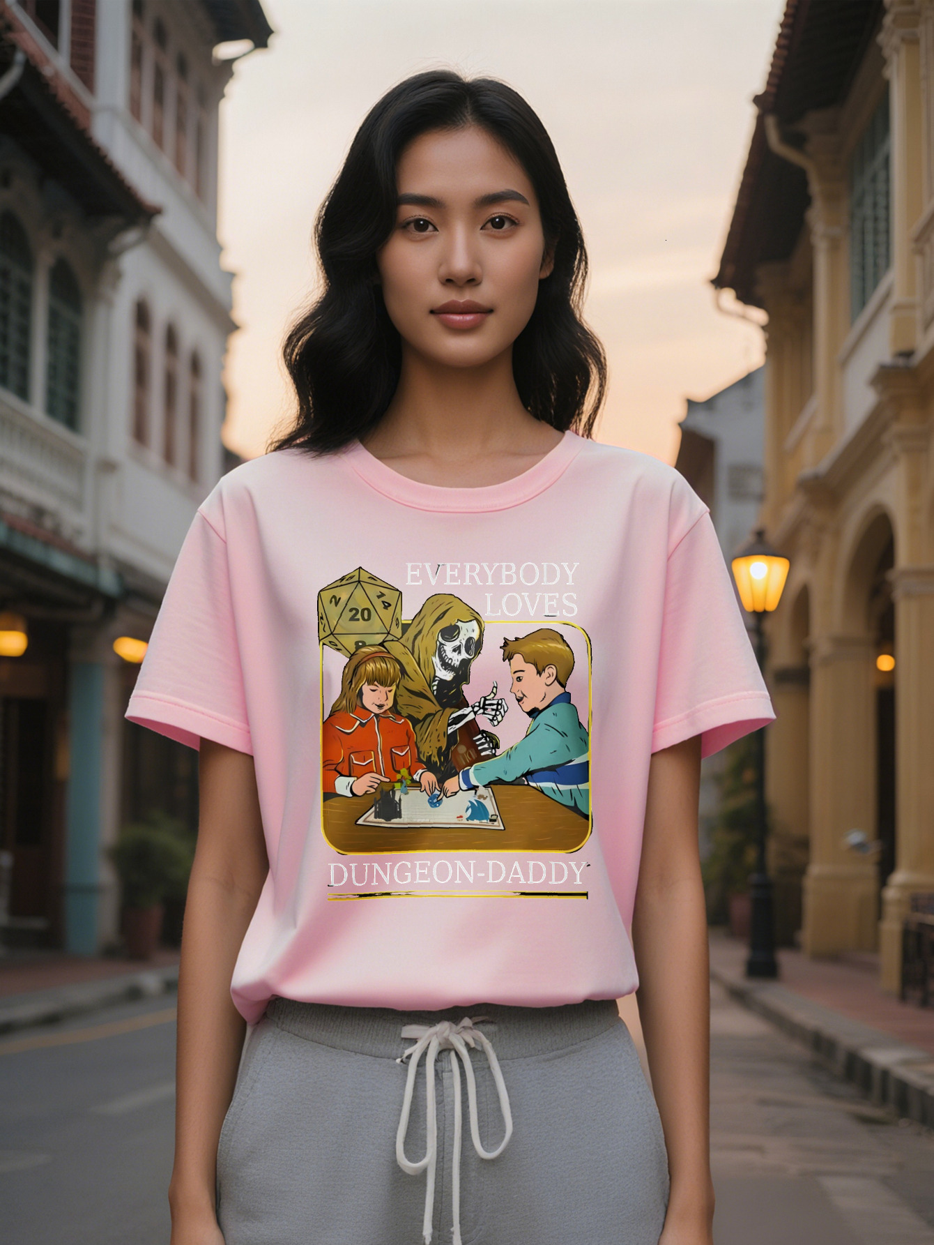 Lady Casual Graphic T Shirt Dungeons Dragons Theme With Everybody Loves Dad Print Black Round Neck Summer Tee