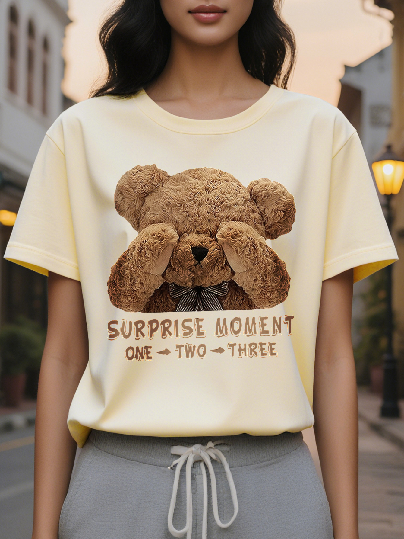 Women S Cute Teddy Bear Graphic T-Shirt Casual Short Sleeve Crew Neck Black with Surprise Moment Design Soft for