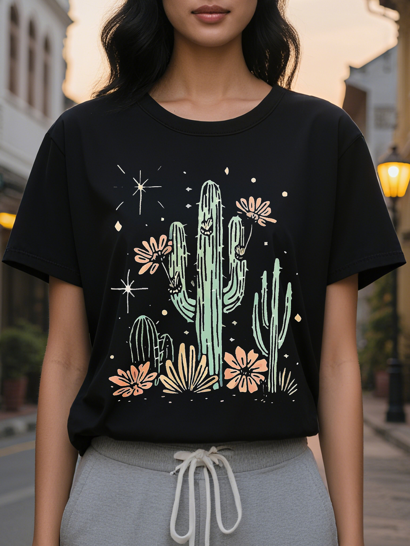 Cactus Printed Women's Summer Dress Combination Version Round Neck T-shirt