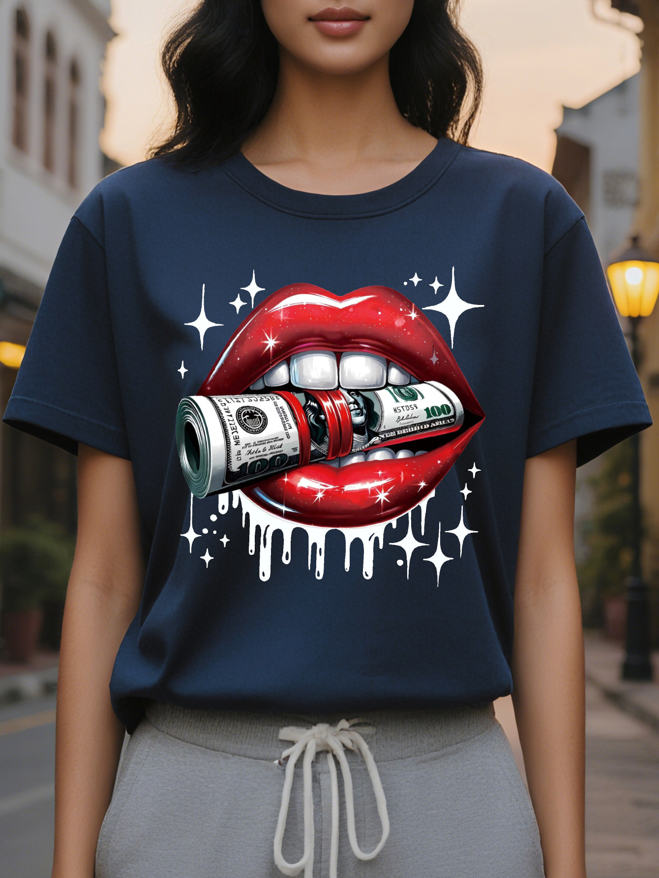 Red Lips Dollar Print T-shirt Casual Short Sleeve Crew Neck Top Stylish All Season Women's Clothing