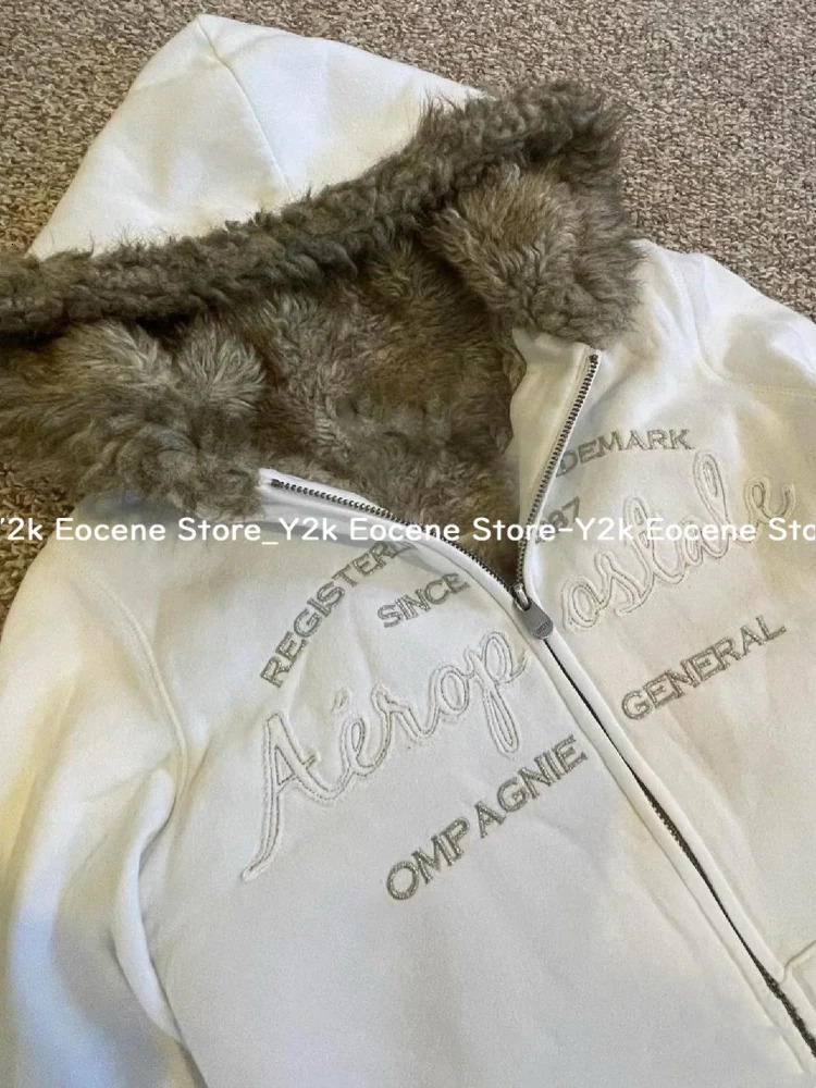 Vintage Letter Fur Collar Hooded Sweatshirt Autumn Winter Zipper Y2K Retro Fleece Jacket Harajuku y Plush Dark Fashion 250904