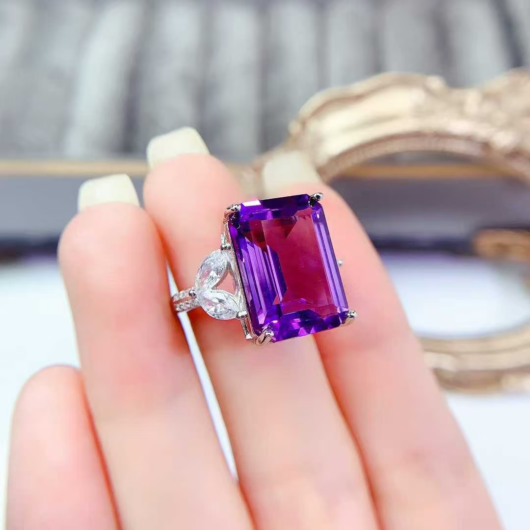 Real 925 silver ring natural amethyst jewelry with certificate 12mm * 16mm 12ct genuine amethyst ring birthday gift for women