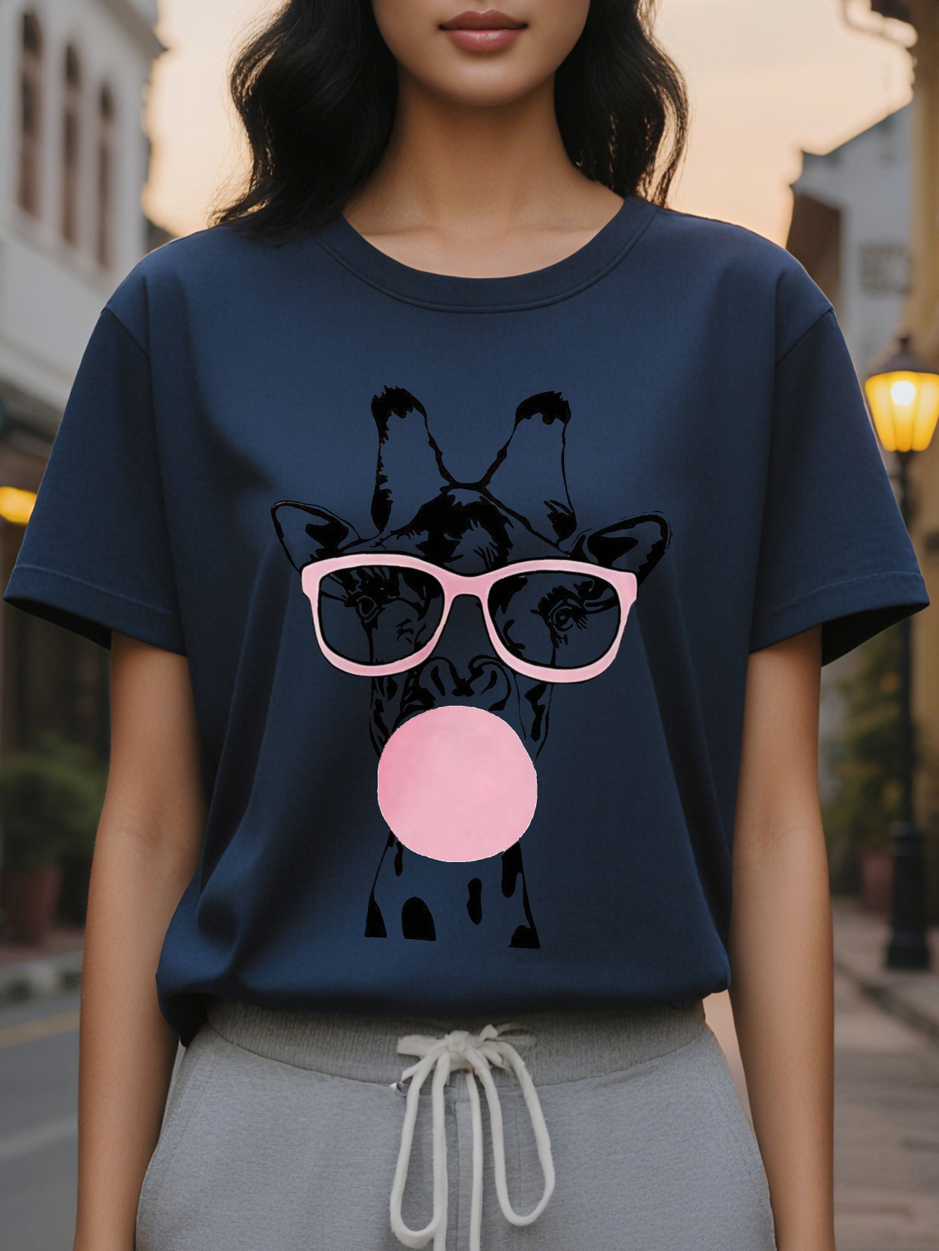 Ladies Cute Pattern Short Sleeve T-Shirt Funny Pink Glasses Bubble Gum Design Breathable Round Neck Casual Jacket
