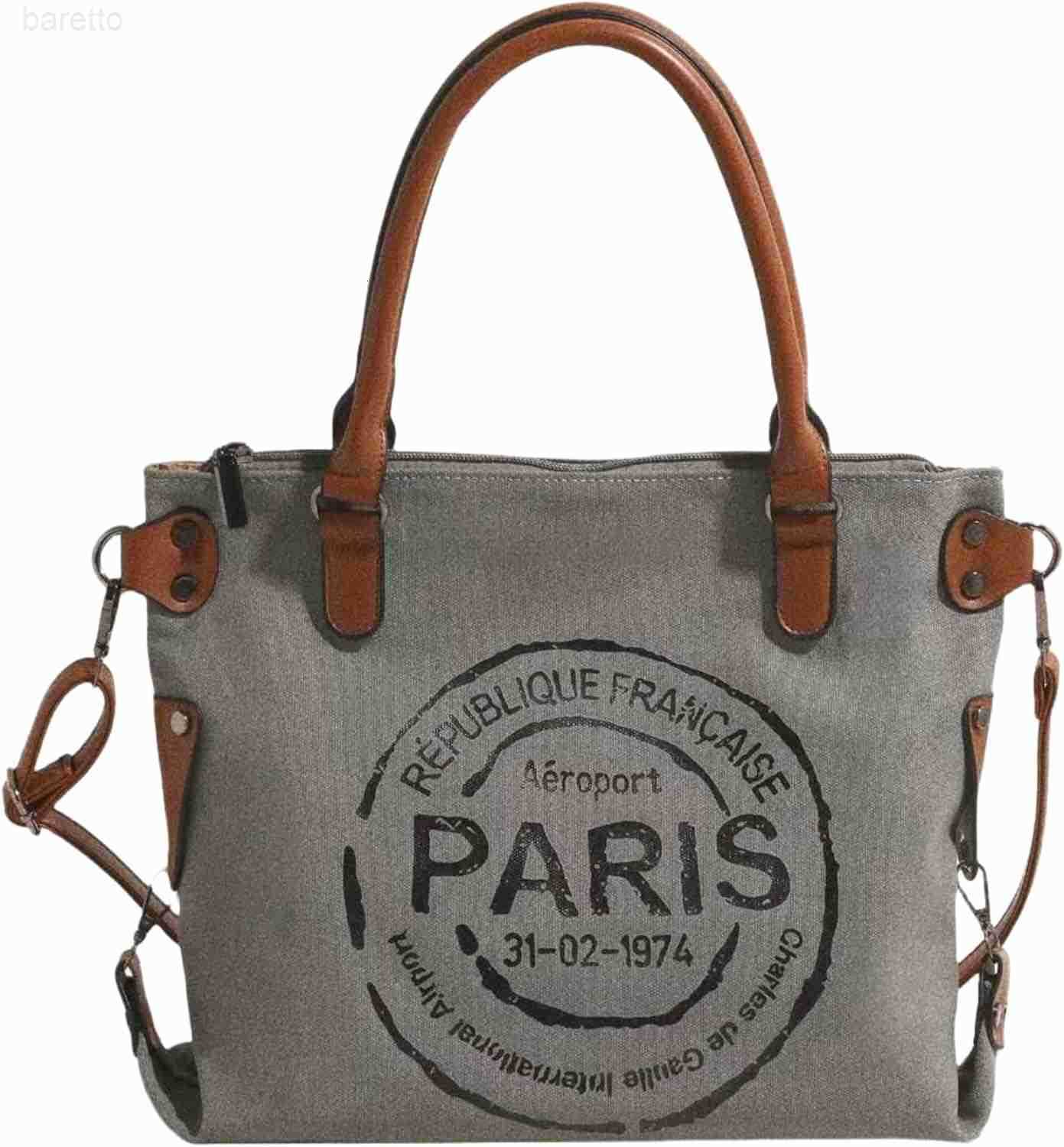 Women Vintage Paris Lightweight Canvas Tote Crossbody Bag with Zipper for Work M250904