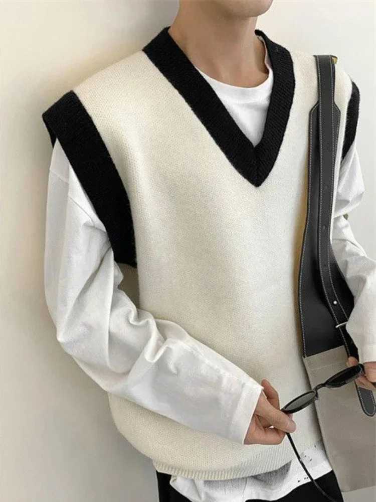 Man Clothes Beige Vest Waistcoat Knitted Sweaters for Men V Neck Sleeveless Order Korean Fashion Over Fit Knit Large Big Size XXJ250904
