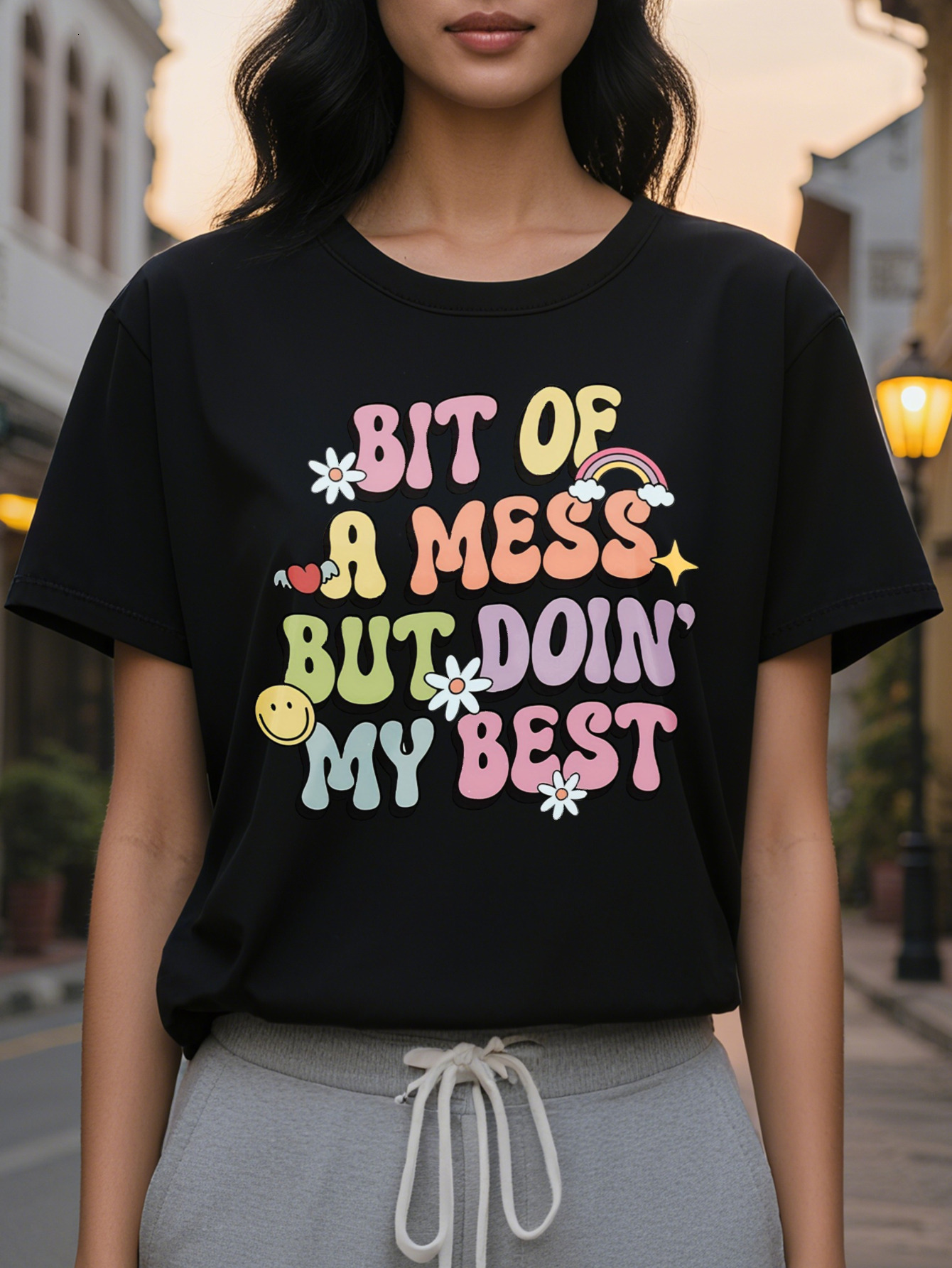 Women's Casual Short Sleeve T-Shirt A Bit of a Mess But Doing My Best Slogan Floral Star Print Heather Gray