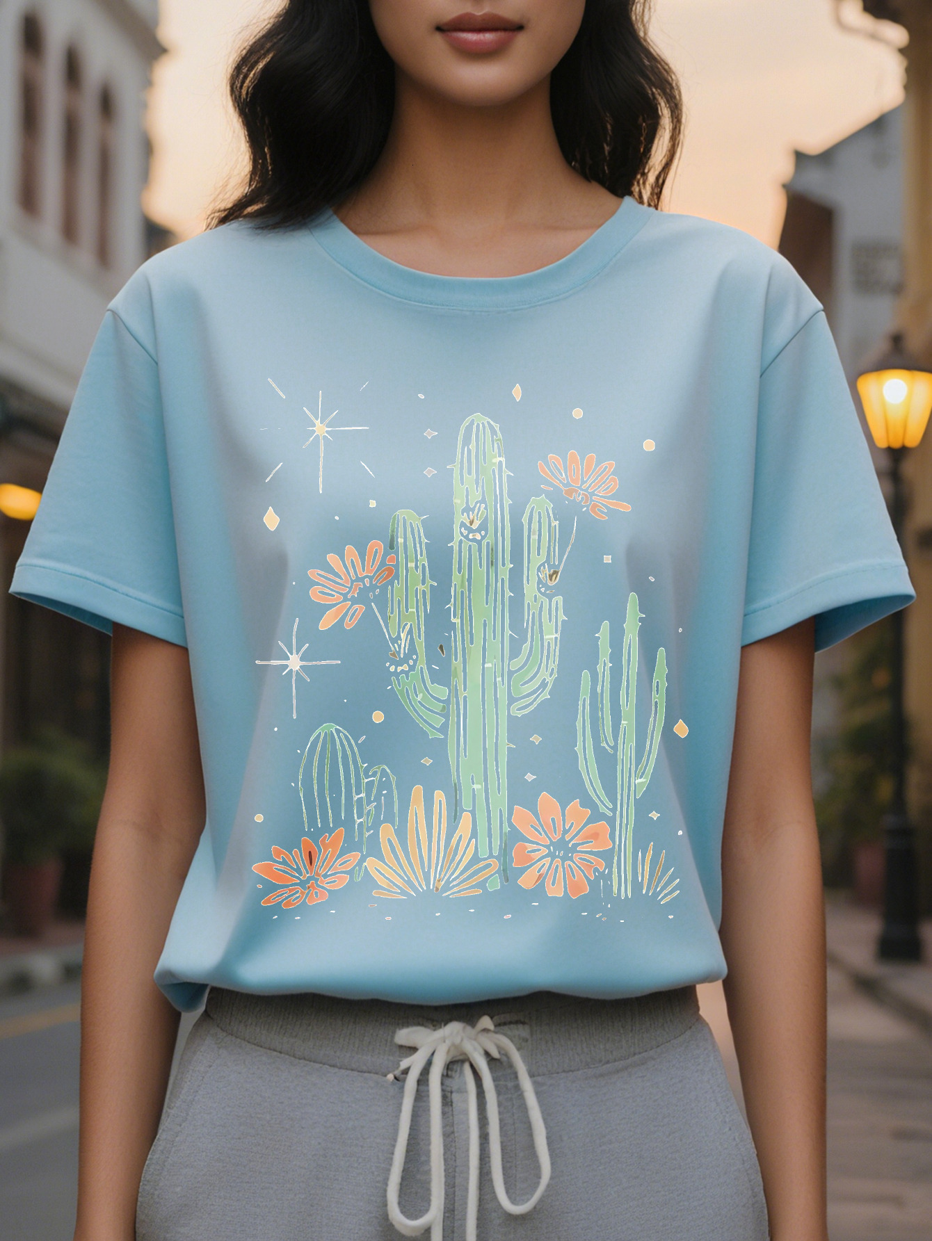 Cactus Printed Women's Summer Dress Combination Version Round Neck T-shirt