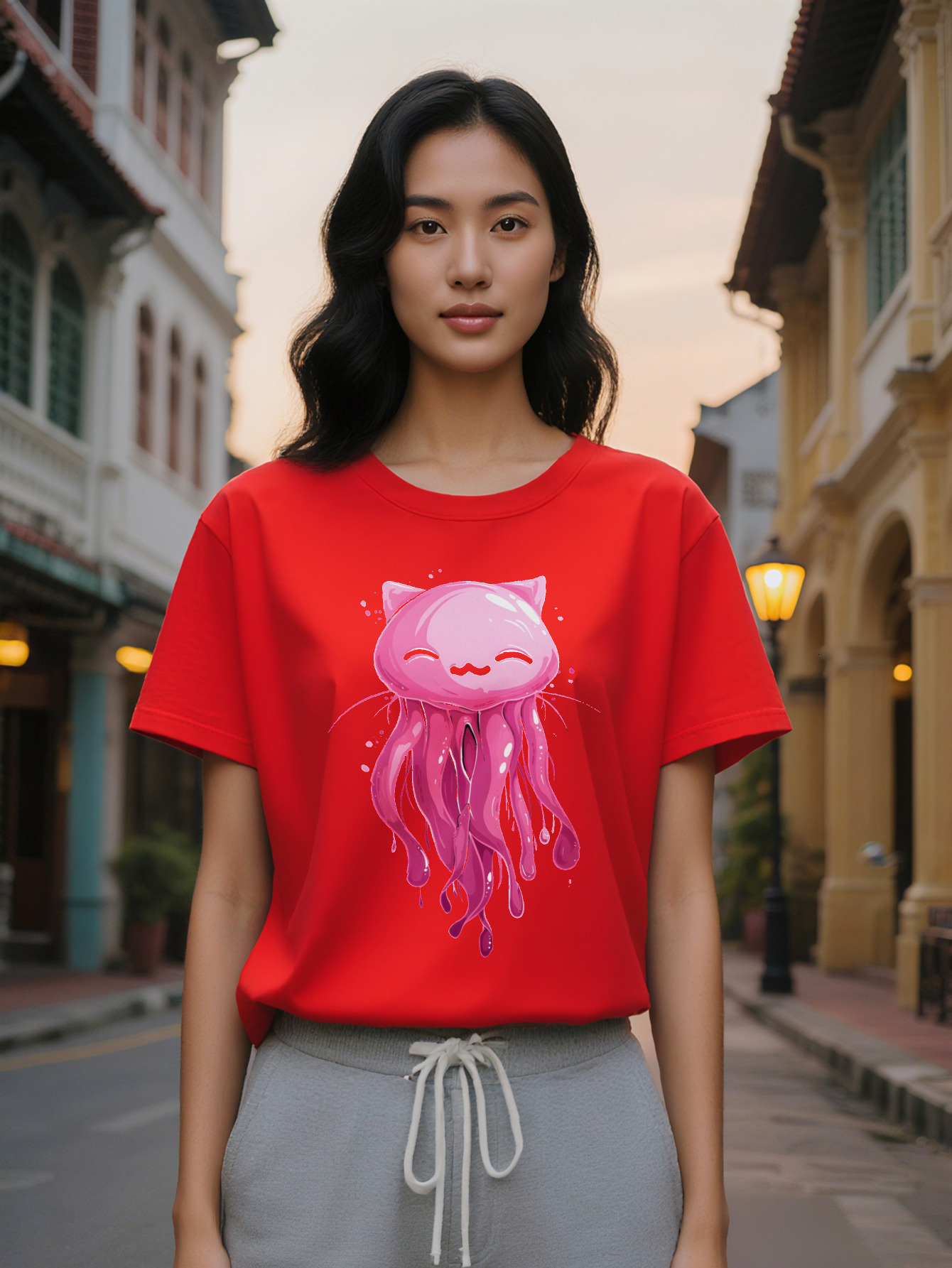 Large XL Women's Casual Crew T-Shirt with Unique Pink Jellyfish Cat Print Soft Fabric Round Neck Short Sleeve Summer Plus Size