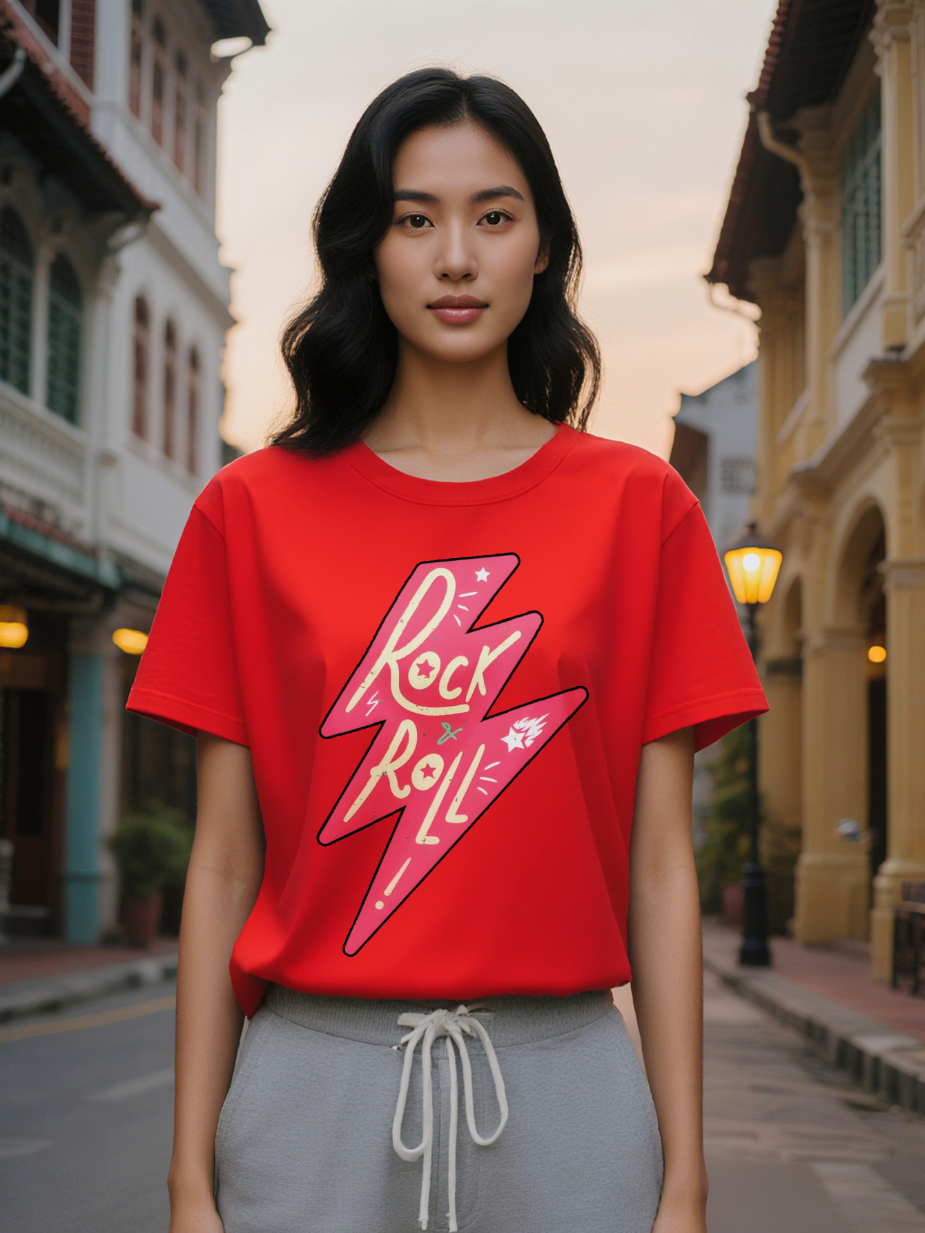 Large XL Women's Casual Crew Neck T-Shirt Vintage Band Print Summer Knit Top Regular Fit Slight Stretch Pure Cotton Ideal Plus Size