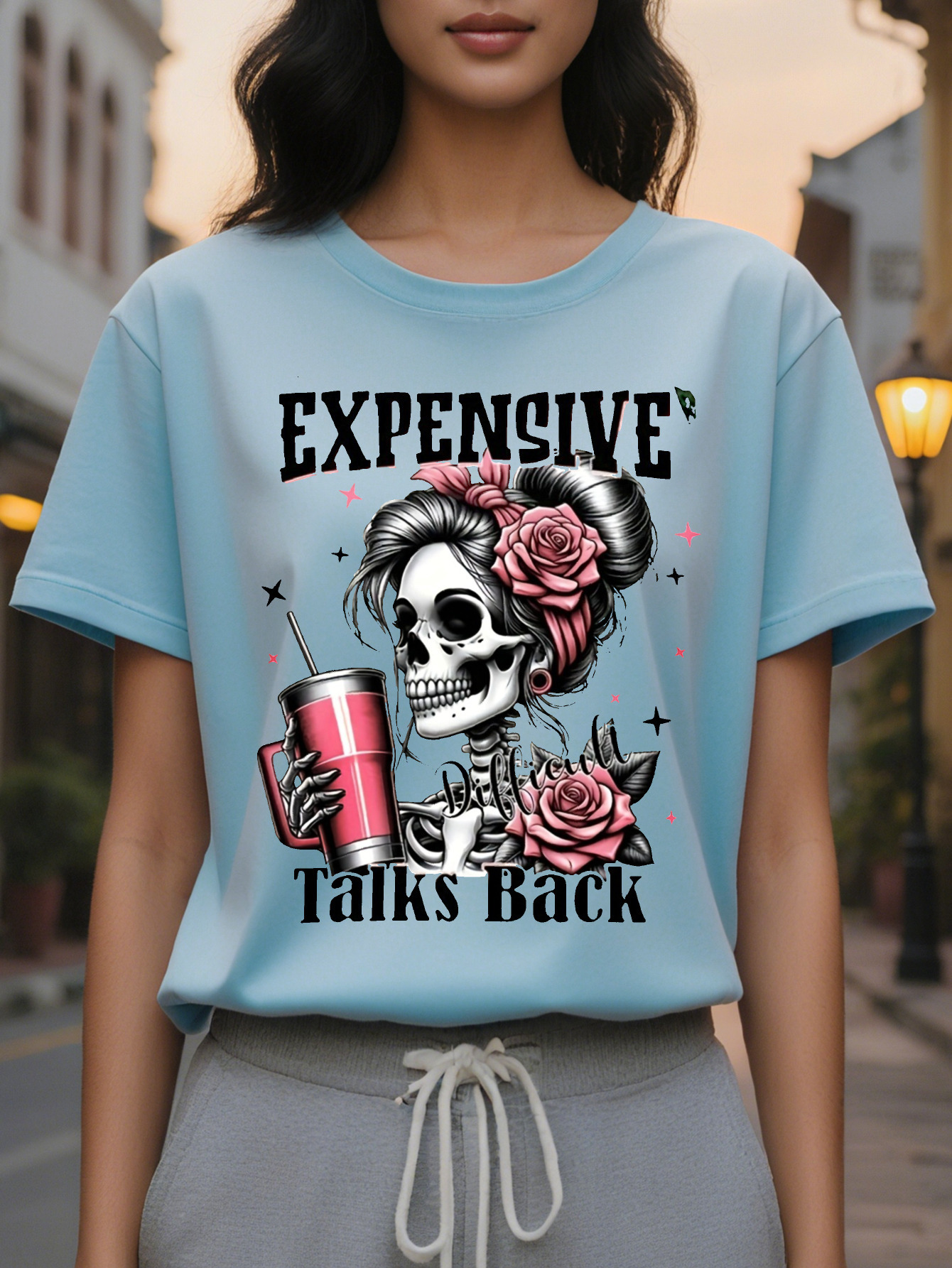 Women s Casual Graphic T Shirt with Bold Expensive Talks Back Print Edgy Skull Design Cotton High Washable