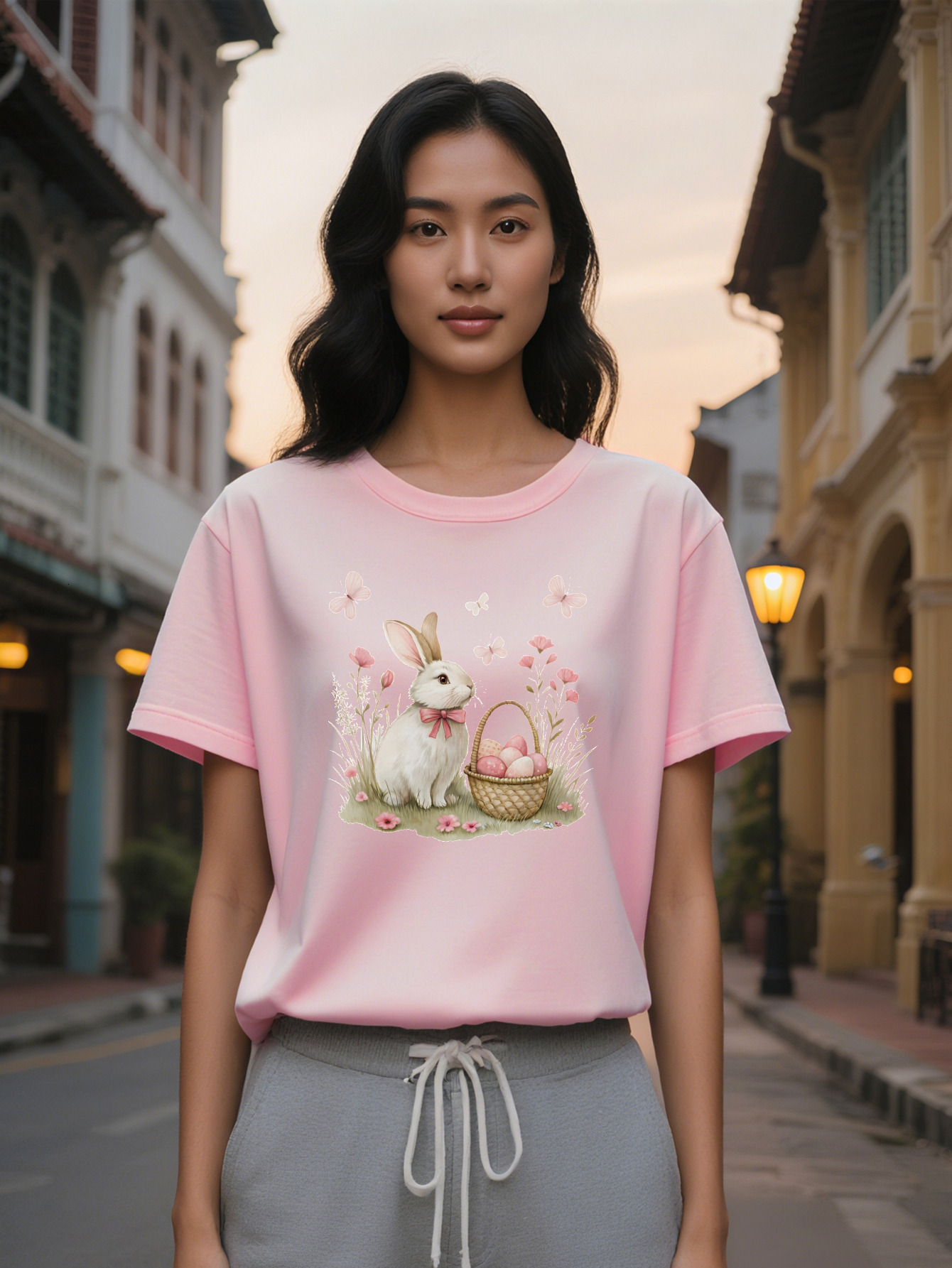 Large XL Women's Versatile T-Shirt with Cute Rabbit and Pink Bow Print Soft Fabric Summer Style Perfect Gift for Women Casual Plus Size