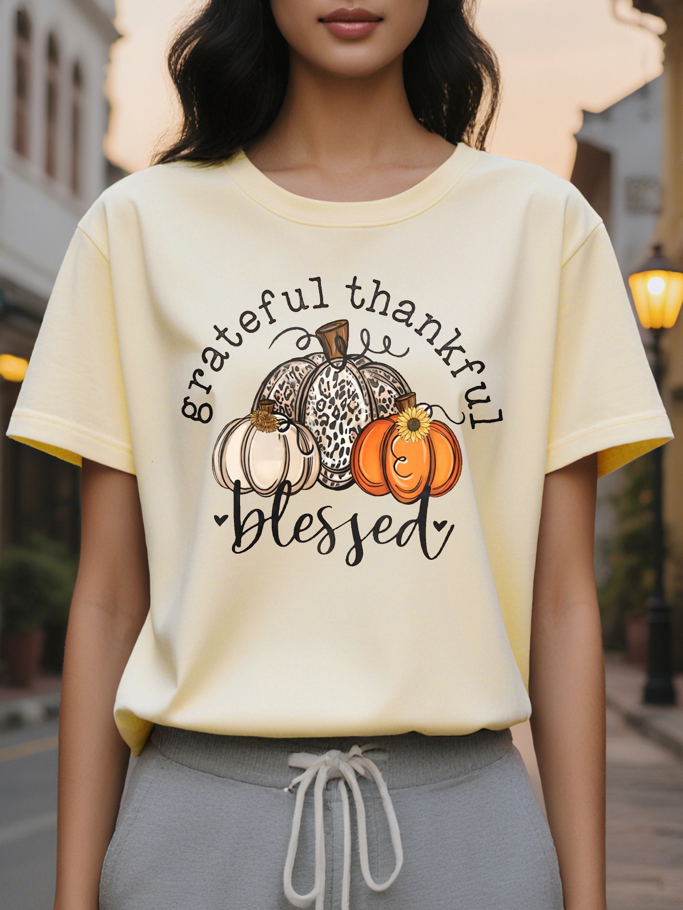 Large XL Women S Autumn Graphic T-Shirt Grateful Blessed Message with Pumpkins Round Neck Tee for Fall Spring Washable Plus Size