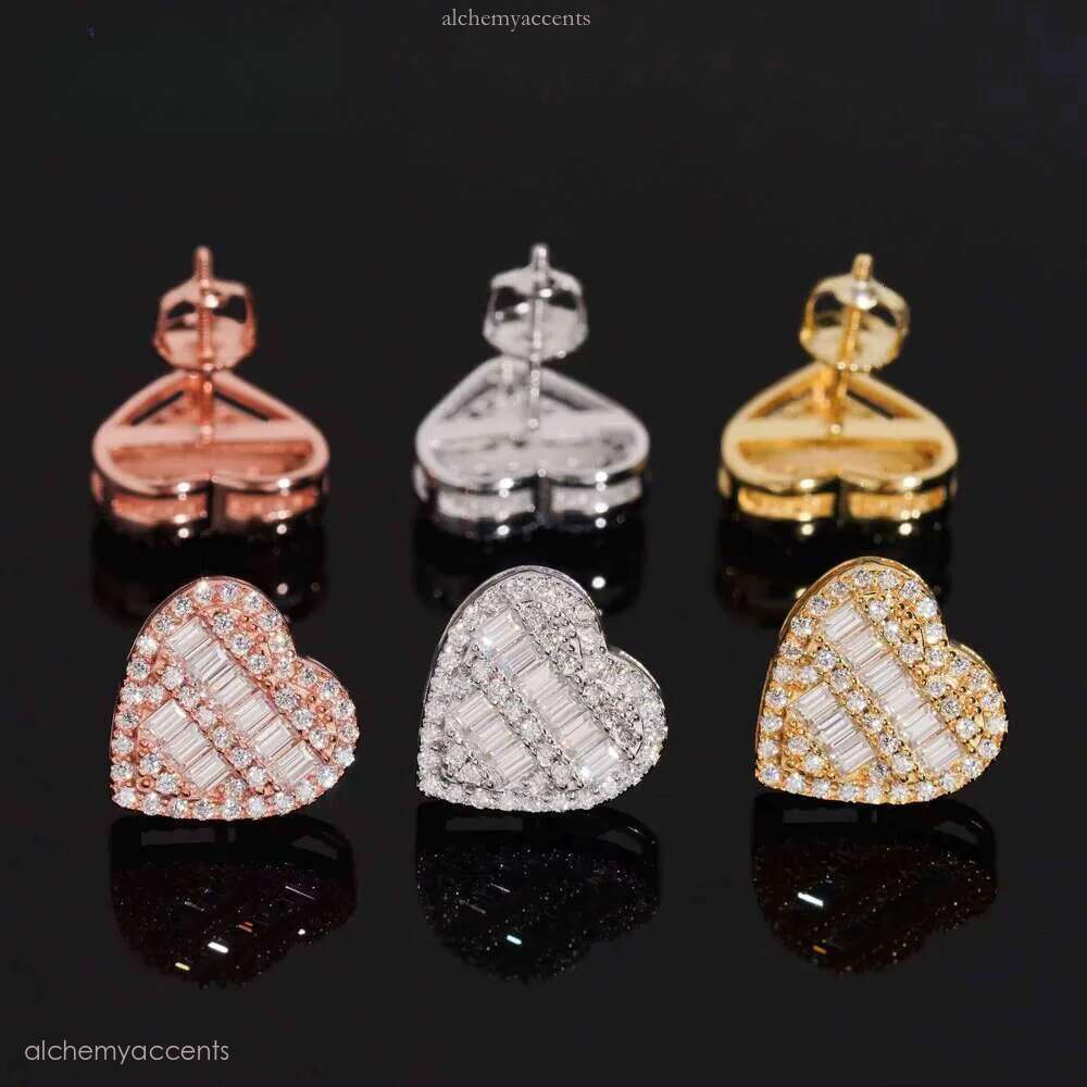 Elegant Classic Sterling Sier Special Heart Stud Earrings Inlaid With Rectangle Moissanite for Women and Men