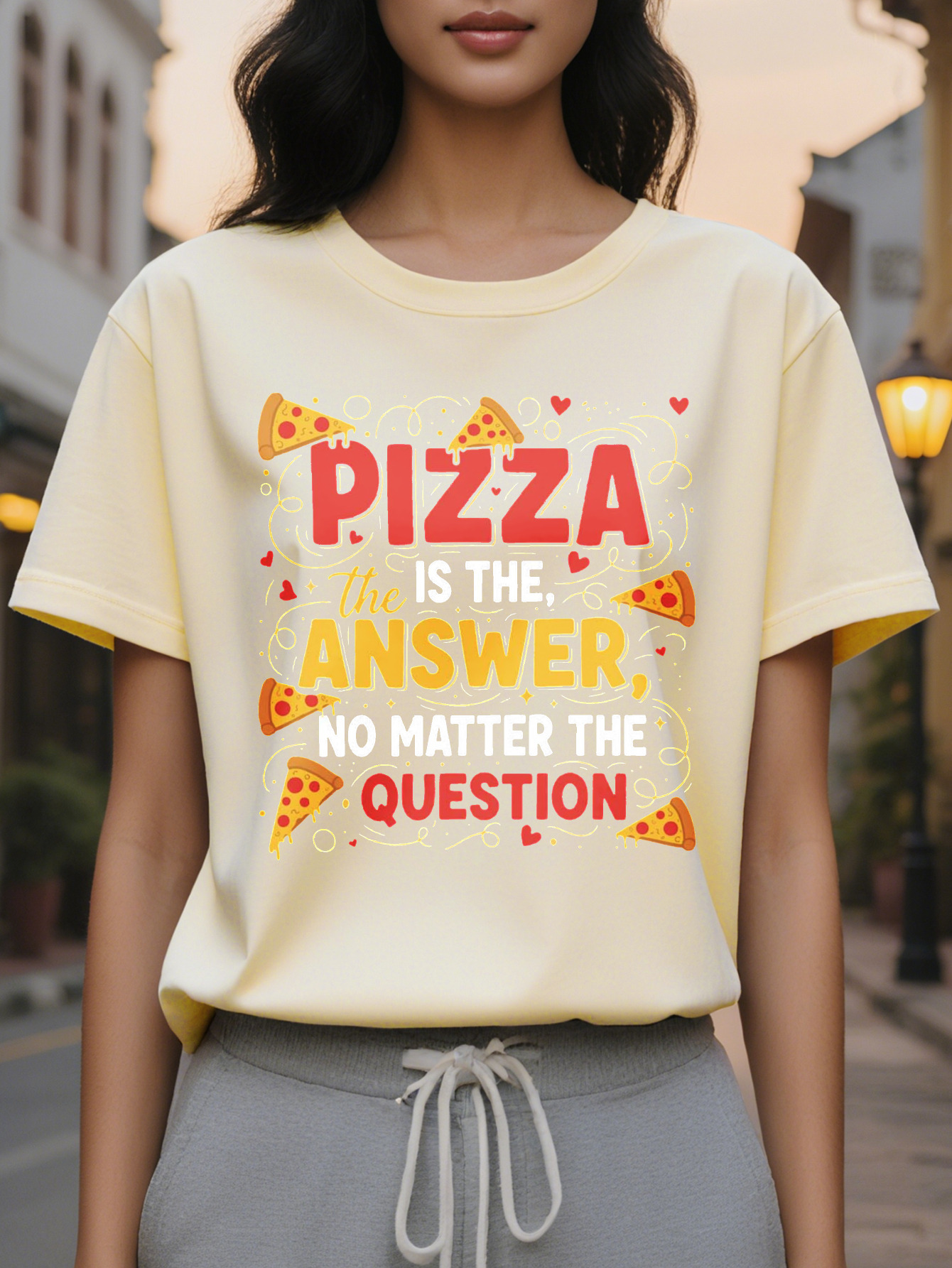 Women's Funny Lover Pattern is the Answer Bold Red and Yellow Letters Soft Everyday Casual T-Shirt Pizza