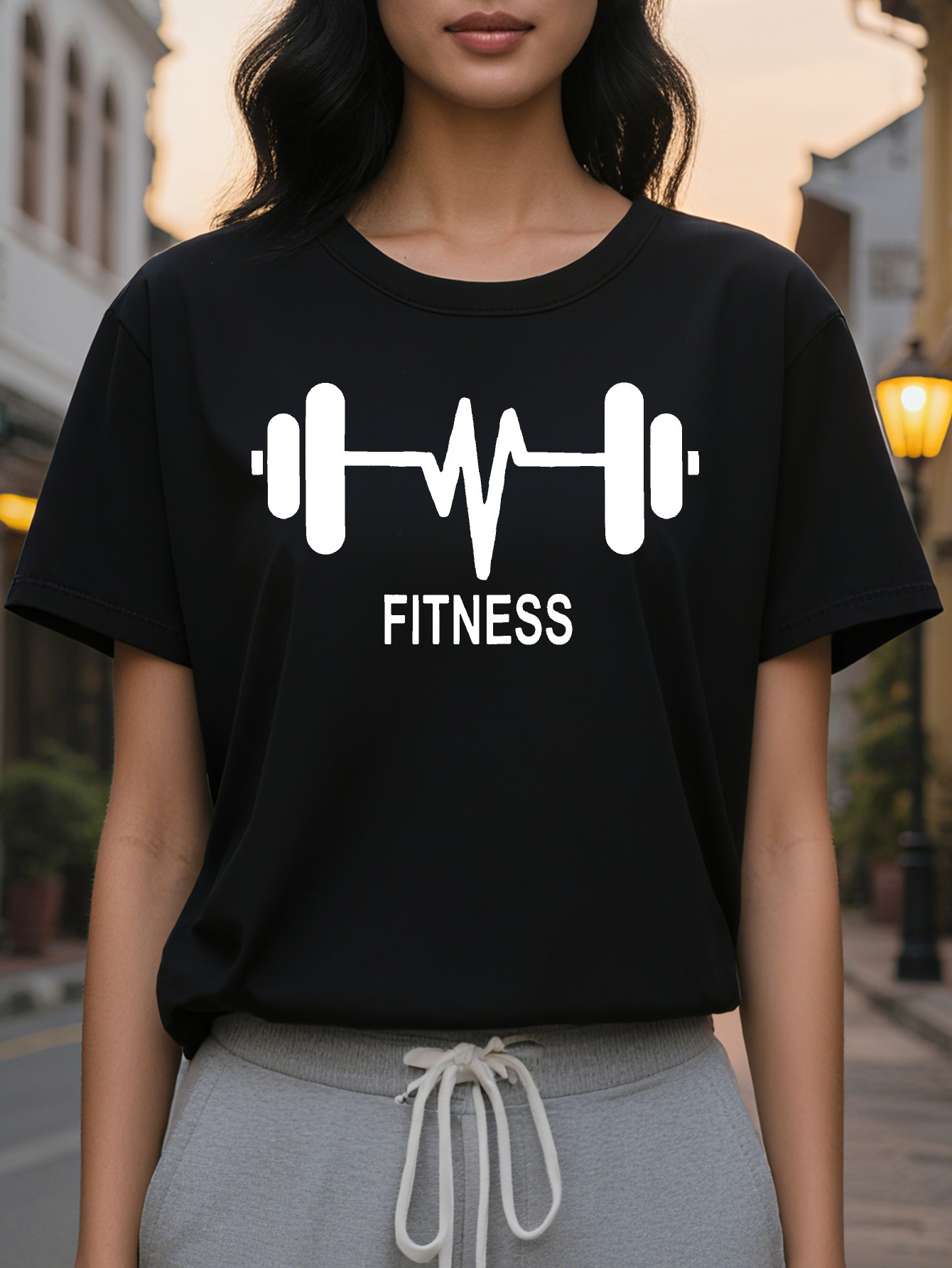 FINESS Women s Fiess Graphic T Shirt Cotton gsm Breathable Slim Fit Short Sleeve Top with Barbell Heartbeat