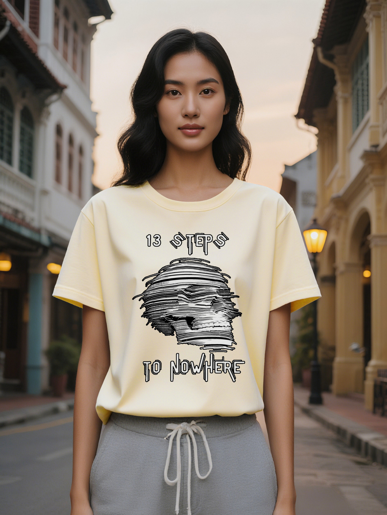 Casual Round Neck T-Shirt Black Background White Line Print Pattern Top Lady Gift