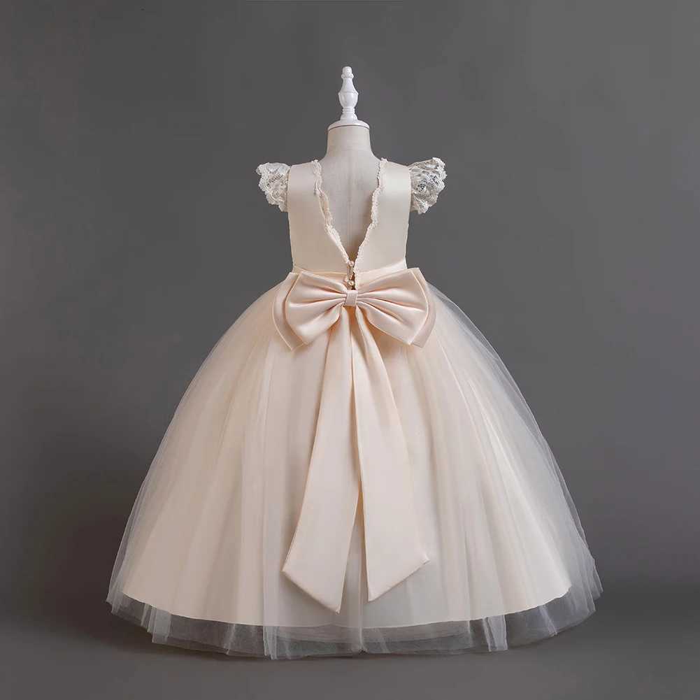 Champagne 3 to 12 Year Girl New Long Dress Fluffy Lace Princess V-shaped Backless Evening Dress Flower Bow Birthday Party Dress Z250904