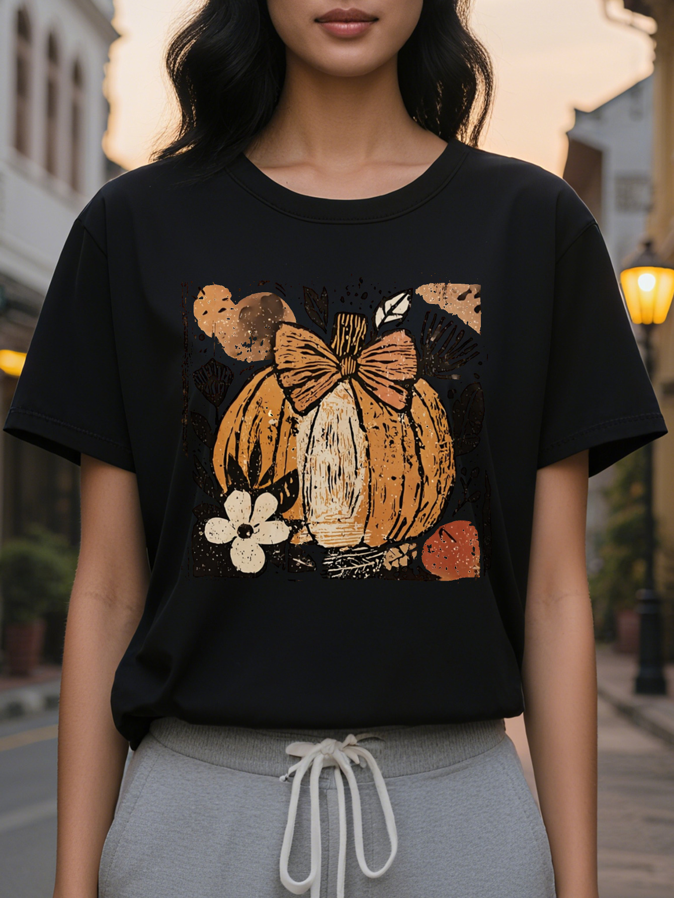 Large XL Women's Creamy White Halloween Print Sweatshirt Pumpkin Leaf Design with Plaid Bow Accent Cozy Round Neck Pullover Plus Size