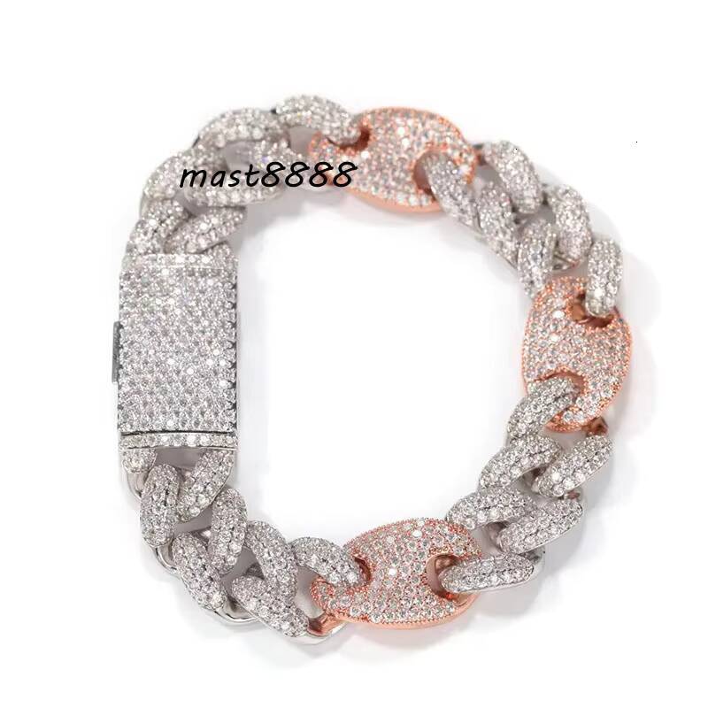 Custom 16mm VVS Moissanite Diamond 925 Sterling Silver Womens Hip Hop Bracelet Rose Gold Plated Two Tone Pig Nose Link Chain