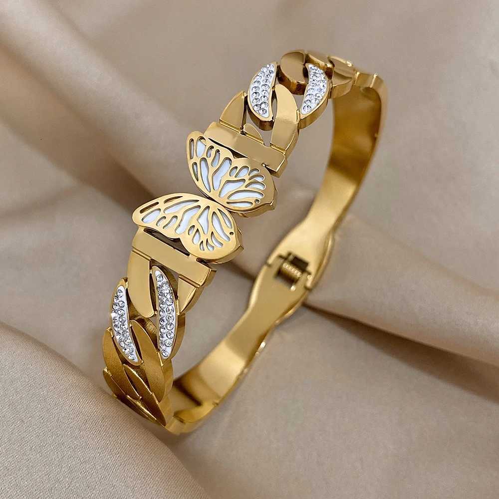 Charm Stainless Steel Bangle Bracelet For Women Luxury Rhinestone Wide Golden Chain Bracelets Wedding Party Jewelry Y250904