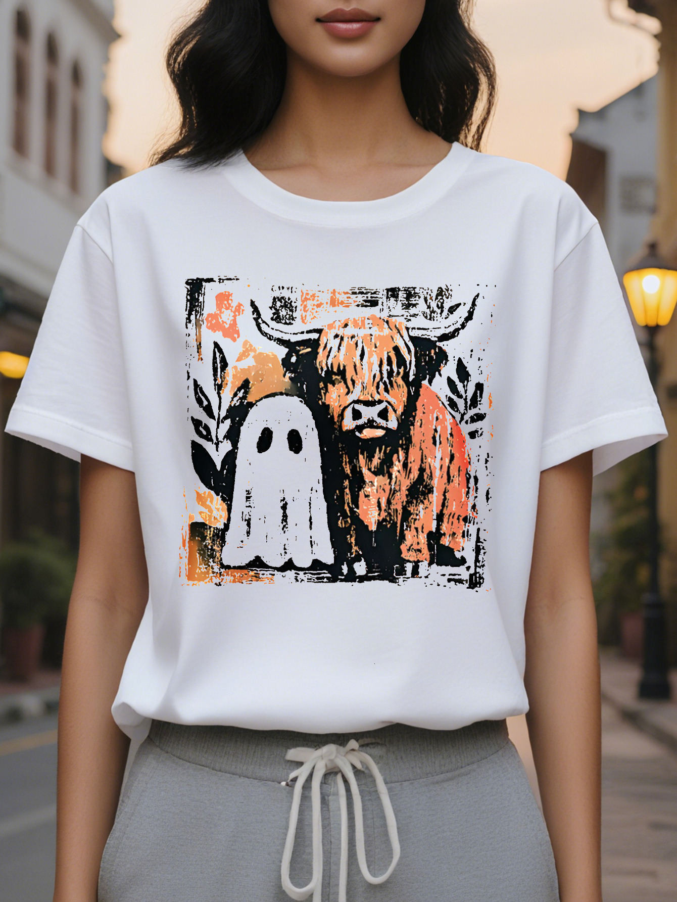 Women s Halloween Round Neck Pullover with Scottish Print Beige Orange Plaid Pattern Cozy Fall Christmas and Casual