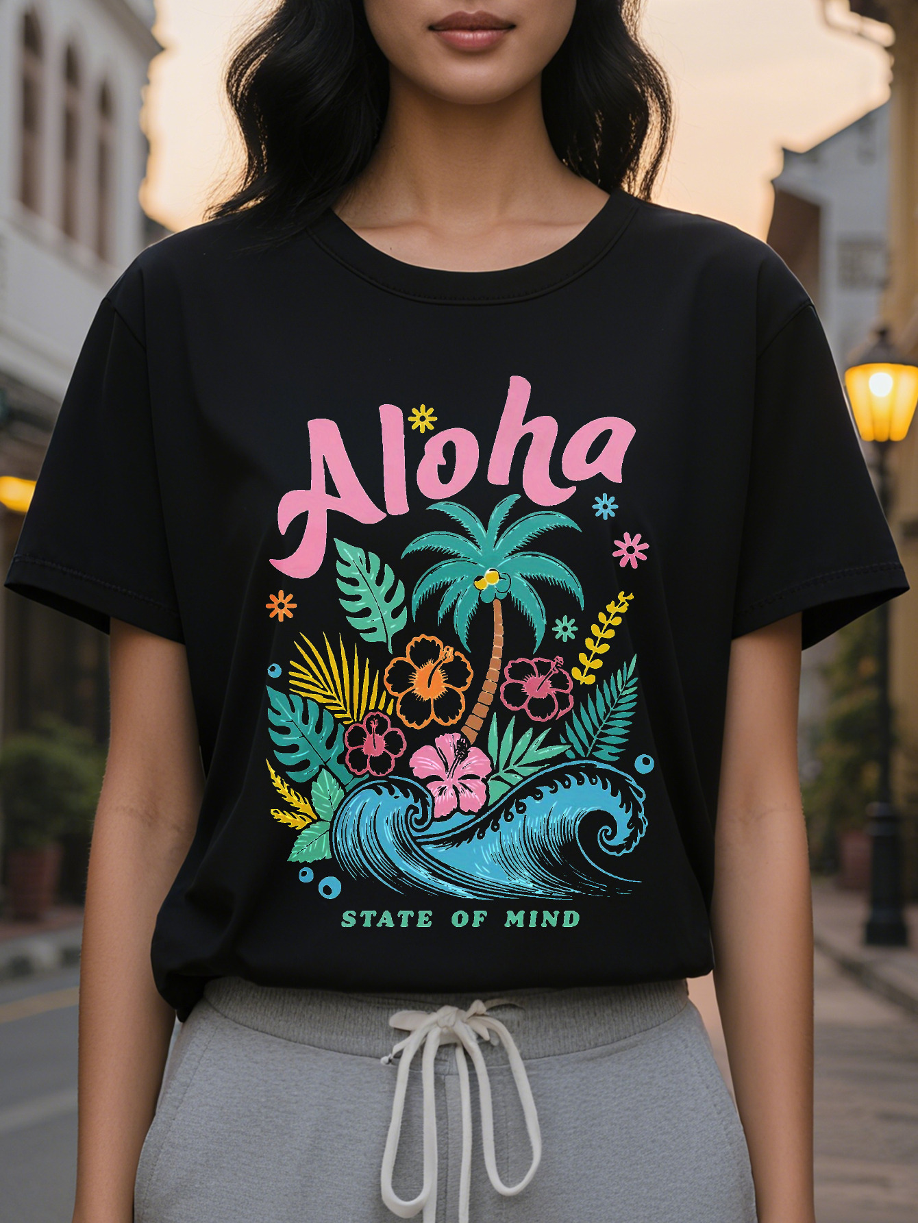 Women's Print T-Shirt Vibrant Summer Outfit with Palm Trees Flowers and Hawaiian Design Round Neck