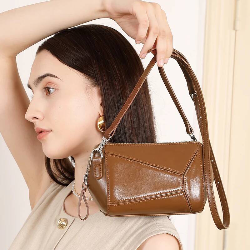 New Women's Genuine Leather Women Crossbody Bags Fashion Geometric Splicing Vegetable Tanned Cowhide Shoulder Bag