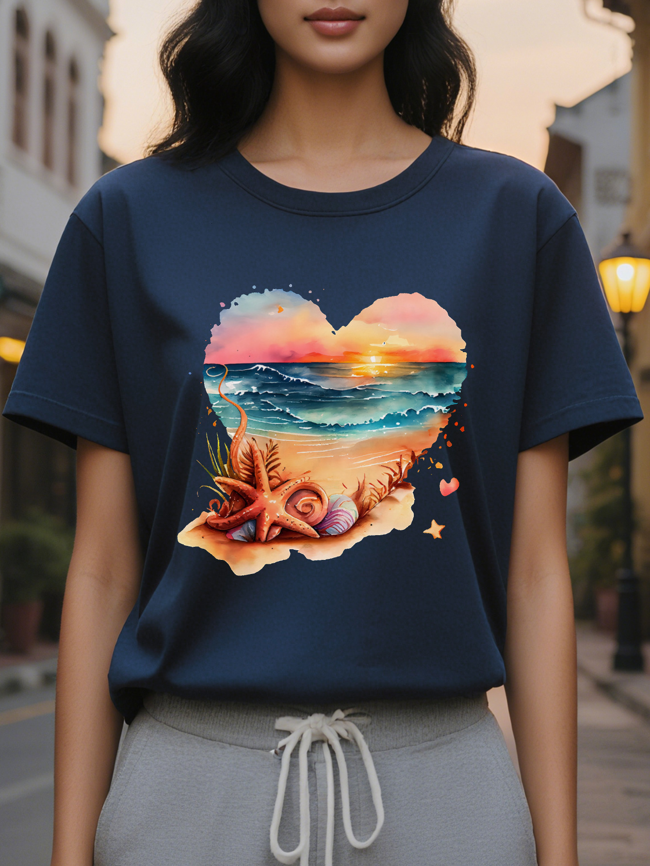 Beach Heart Shaped Short Sleeved T Shirt Ladies Round Neck Casual Top Suitable for Spring and Summer