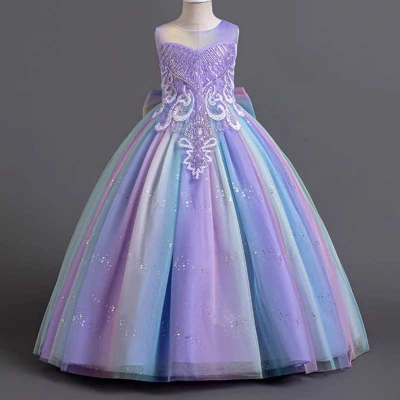 Girls New Sequin Sticker Bow Rainbow Sleeveless Mesh Long Princess Dress Wedding School Graduation Ceremony Fashion Dress Z250904