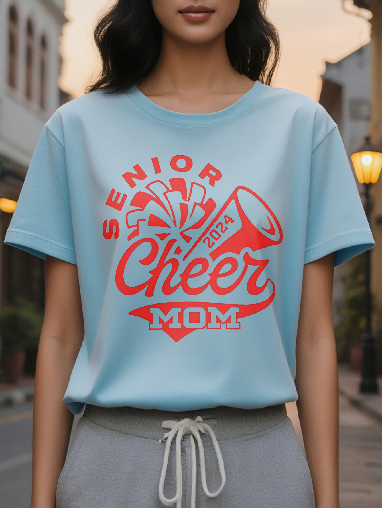 Large XL Stylish Senior Cheer Mom Graphic Women Casual Crew Neck Soft Cotton Washable Perfect for All Seasons Plus Size
