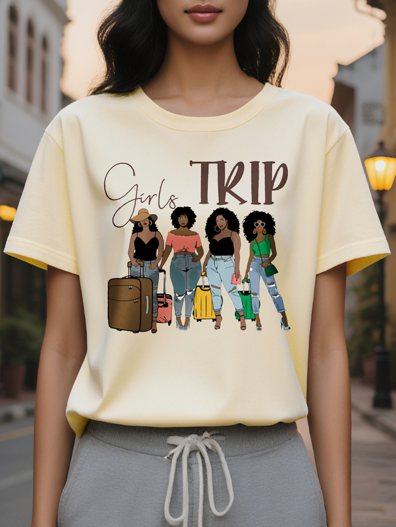 Large XL Girl Trip Print Crew Neck Casual Short Sleeve T-shirt for Summer Women's Clothing Plus Size