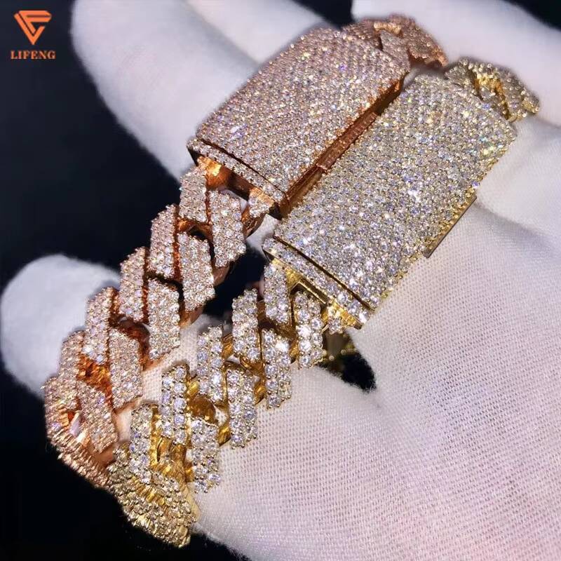 Lifeng Jewelry Miami Moissanite Cuban Link Chain Ice 2 Rows 3 Rows Men Women Sterling Silver Cuban Chain Bracelet