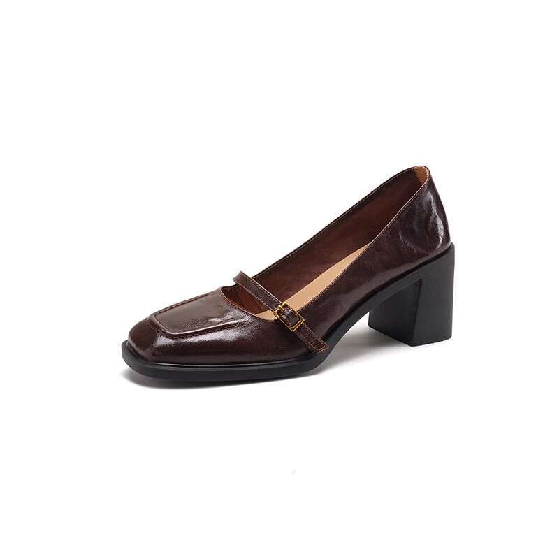 Silent Designer Shoe Small Leather for Women, Brown High Heels, 2025 New Commuter Style Chunky Heel Single Shoes