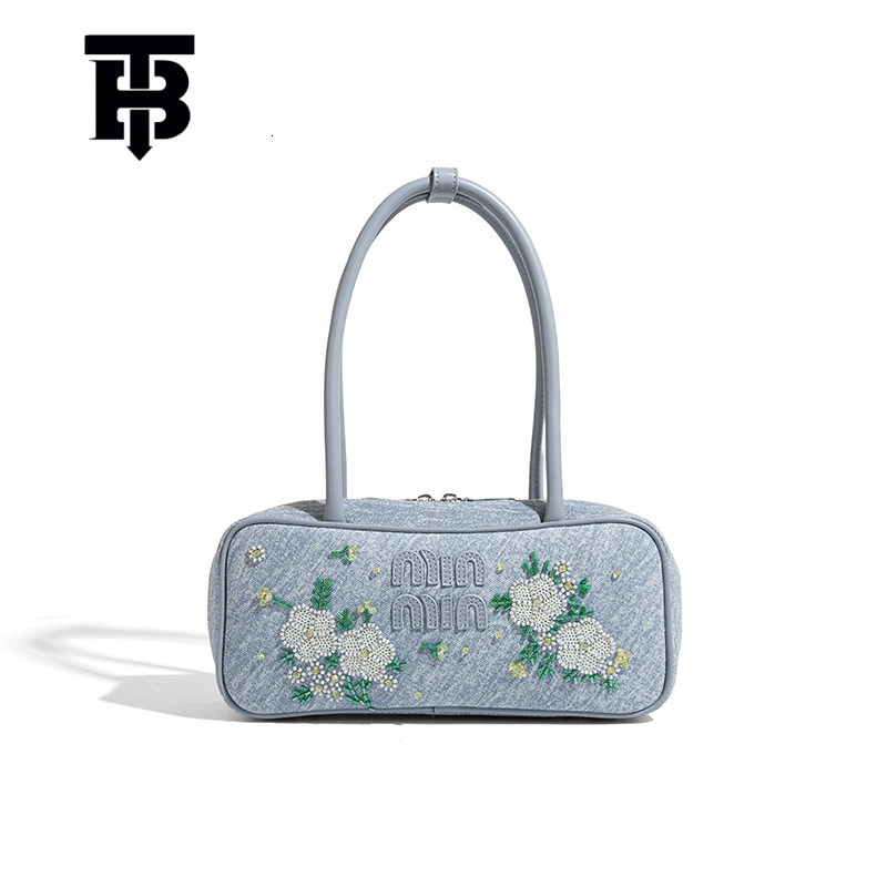 TB BHULAMTE Vintage Denim Embroidered Bowling Designer S Bag Bag For Women, High-end Niche Fashion Underarm Bag, Hundred Towers Commuting Shoulder Han