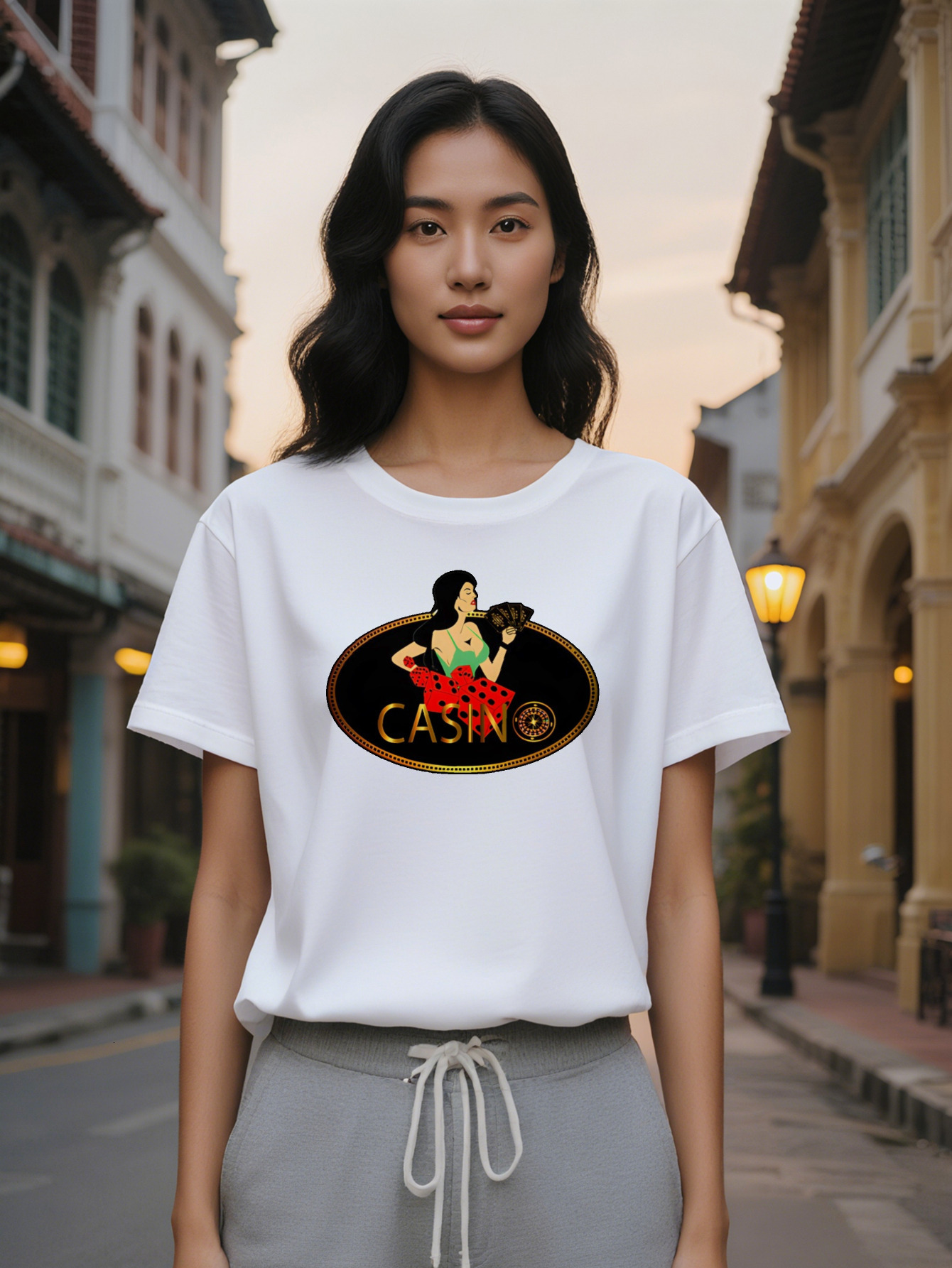 Style Lady Crew Neck T-Shirt with Poker Card Print, Slight Stretch Fabric, Regular Fit for Casual Attire, Summer Tee