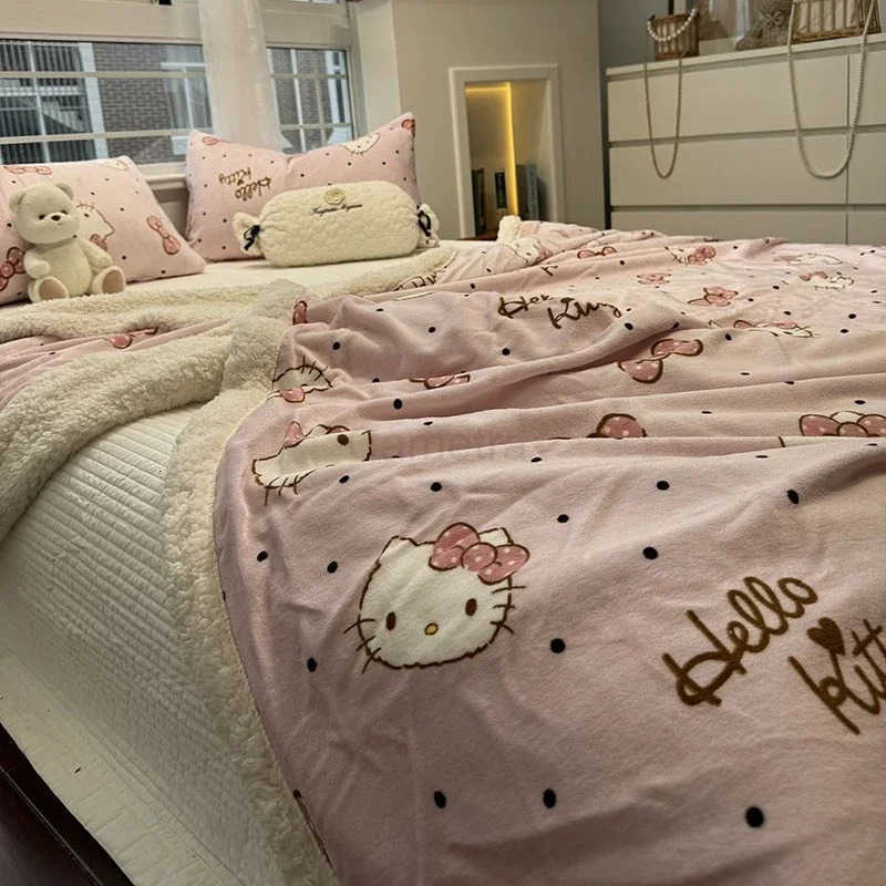 Sanrio Hello Kittys Pink Bow Lamb Velvet Blanket Winter Thickened Warm Milk Coral Velvet Blanket Quilt Cover Sofa Office Blanket L250904