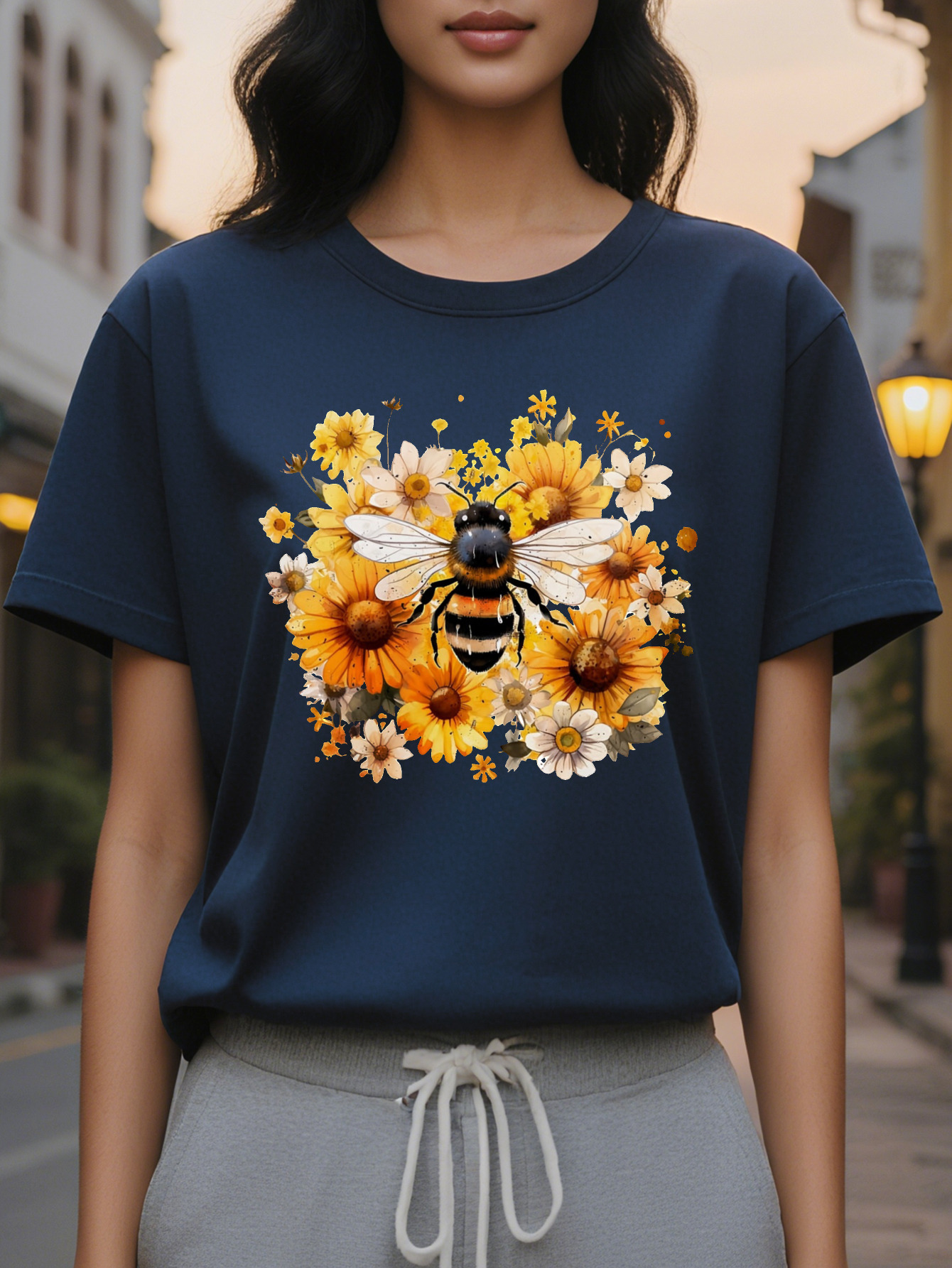 Women s Bee Flower Print Sleeve T Shirt Elegant Round Neck Casual Top Medium Elastic Washable Comfortable Regular Fit