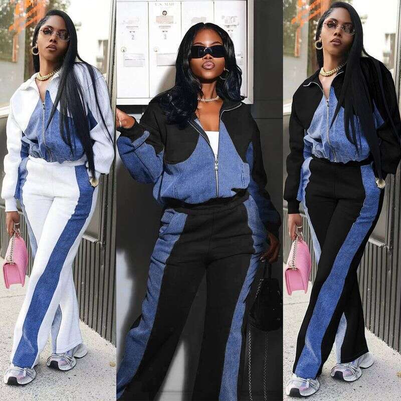 Women's Clothing Autumn And Winter Denim Patchwork Jacket Trousers Two Piece Suit