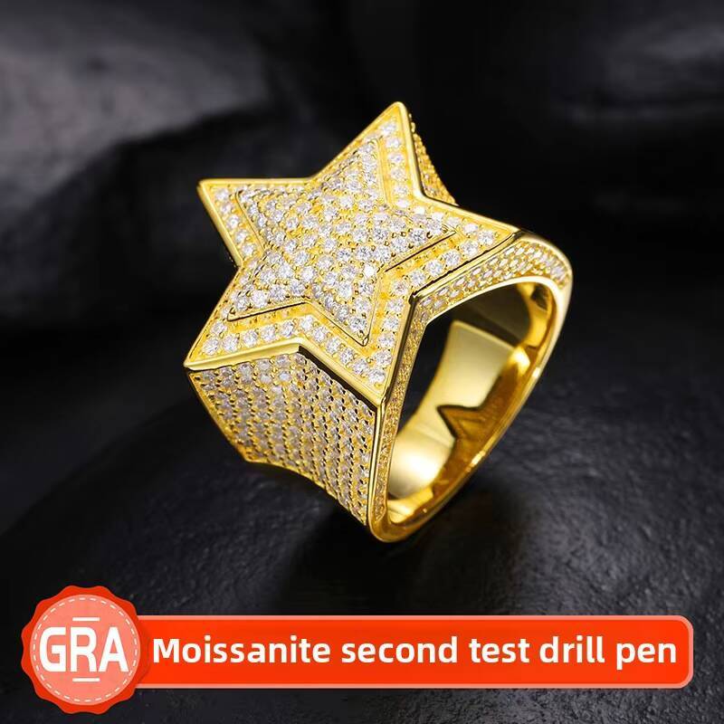 S925 Sterling Silver Ring VVS D Color Moissanite Ring Five Pointed Star Hip Hop Fashion Jewelry Iced Out Wedding Ring for Men