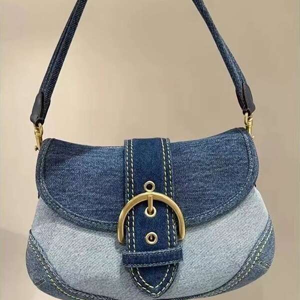 Denim Underarm for Women New High-end French Splicing Canvas Pea Single Shoulder Baguette Bag