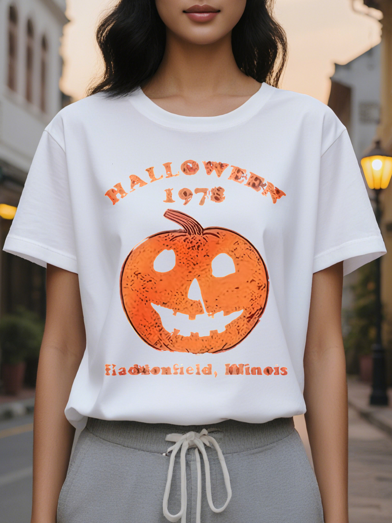 Large XL Women's Retro T-Shirt Round Neck Short Sleeve with Jack O Lantern Graphic Print Comfort Themed Parties Casual Plus Size