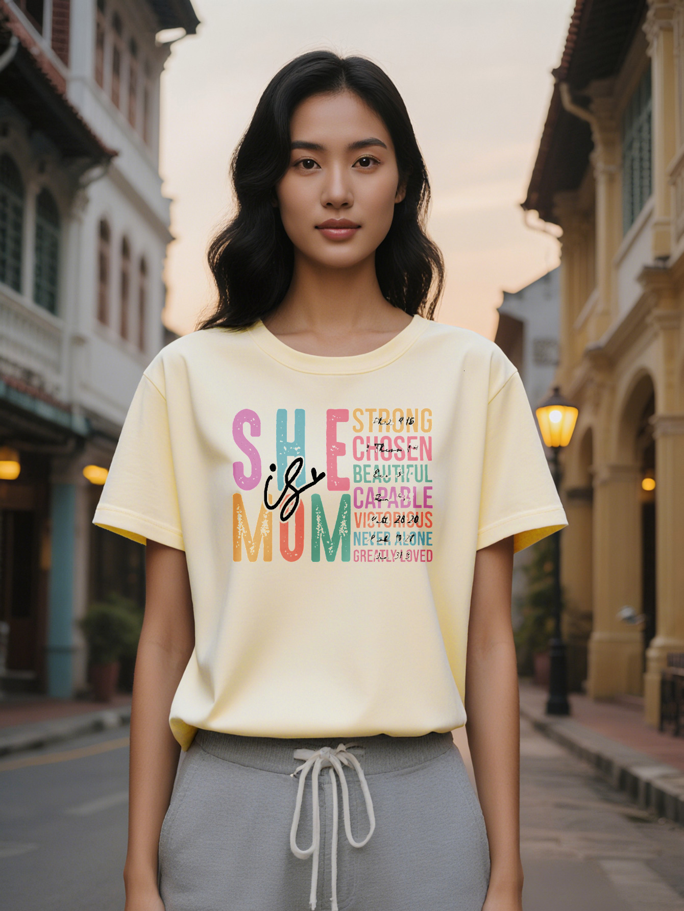 Lady Casual Crew Neck T-Shirt with Colorful She Mom Graphic Strong Chosen Beautiful Capable Victorious Never Alone