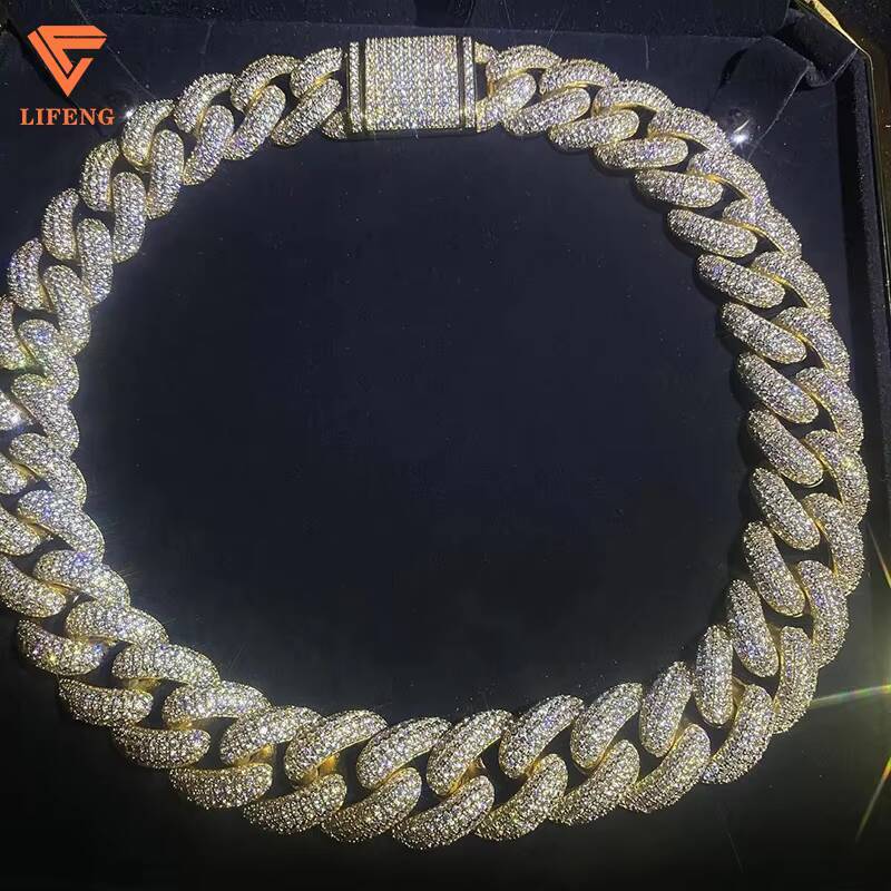 Custom 20mm 5Rows 925 Sterling Silver Gold Plated Cuban Link Chain Mens Full Iced Hip Hop Diamond Moissanite Fine Necklaces