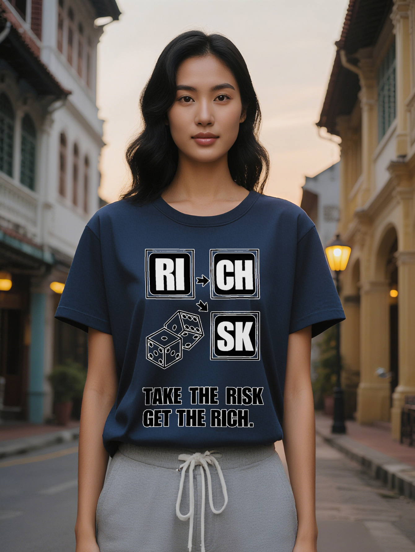 Large XL Lady Casual Crew Neck T Shirt with RI CH Print Take Risk Get The Rich Design Dice Illustration Perfect for Plus Size