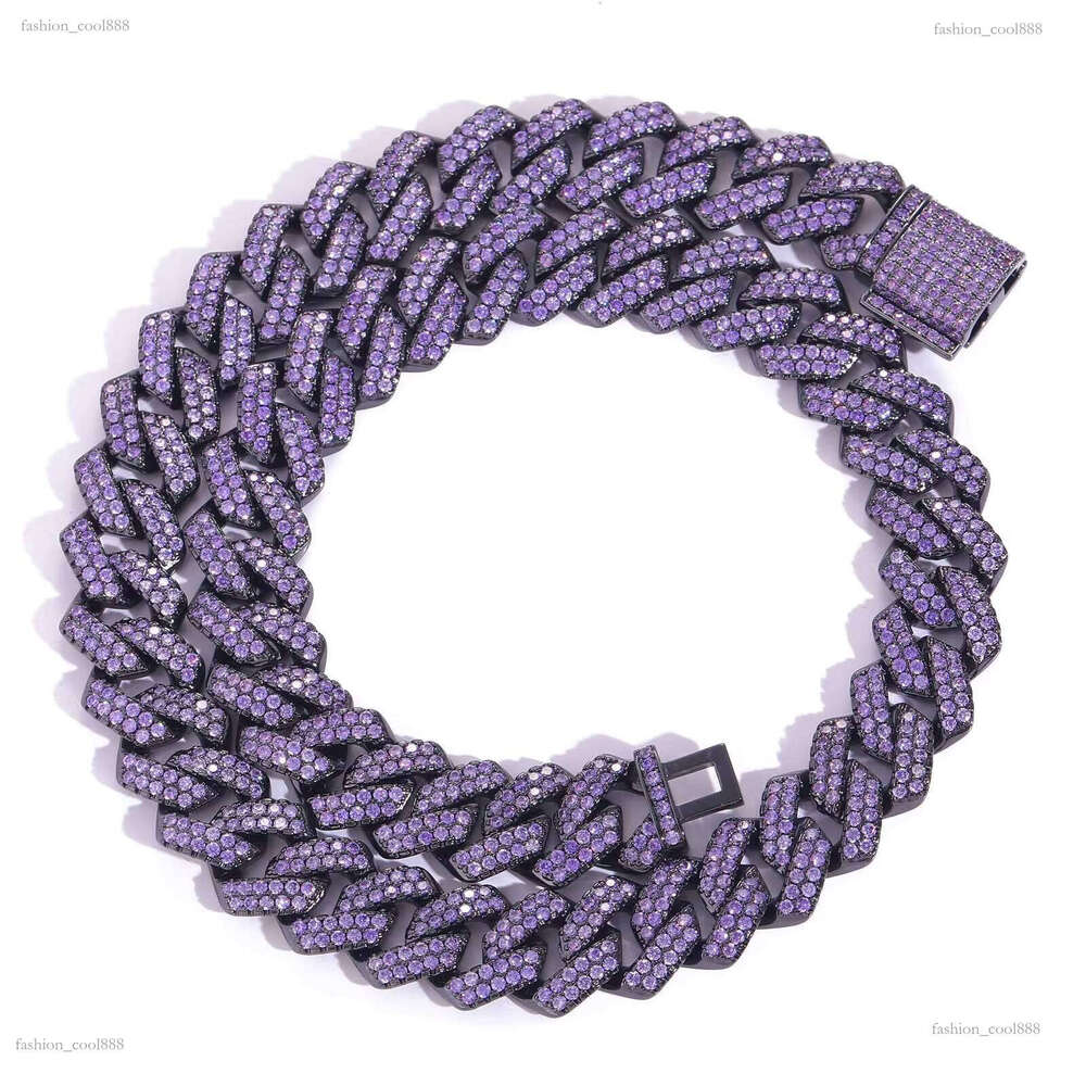 Black 15mm Full Purple Lab Dia Bling Prong Moissanite Cuban Link Hip Hop Geometric Trendy Gift Chain xe