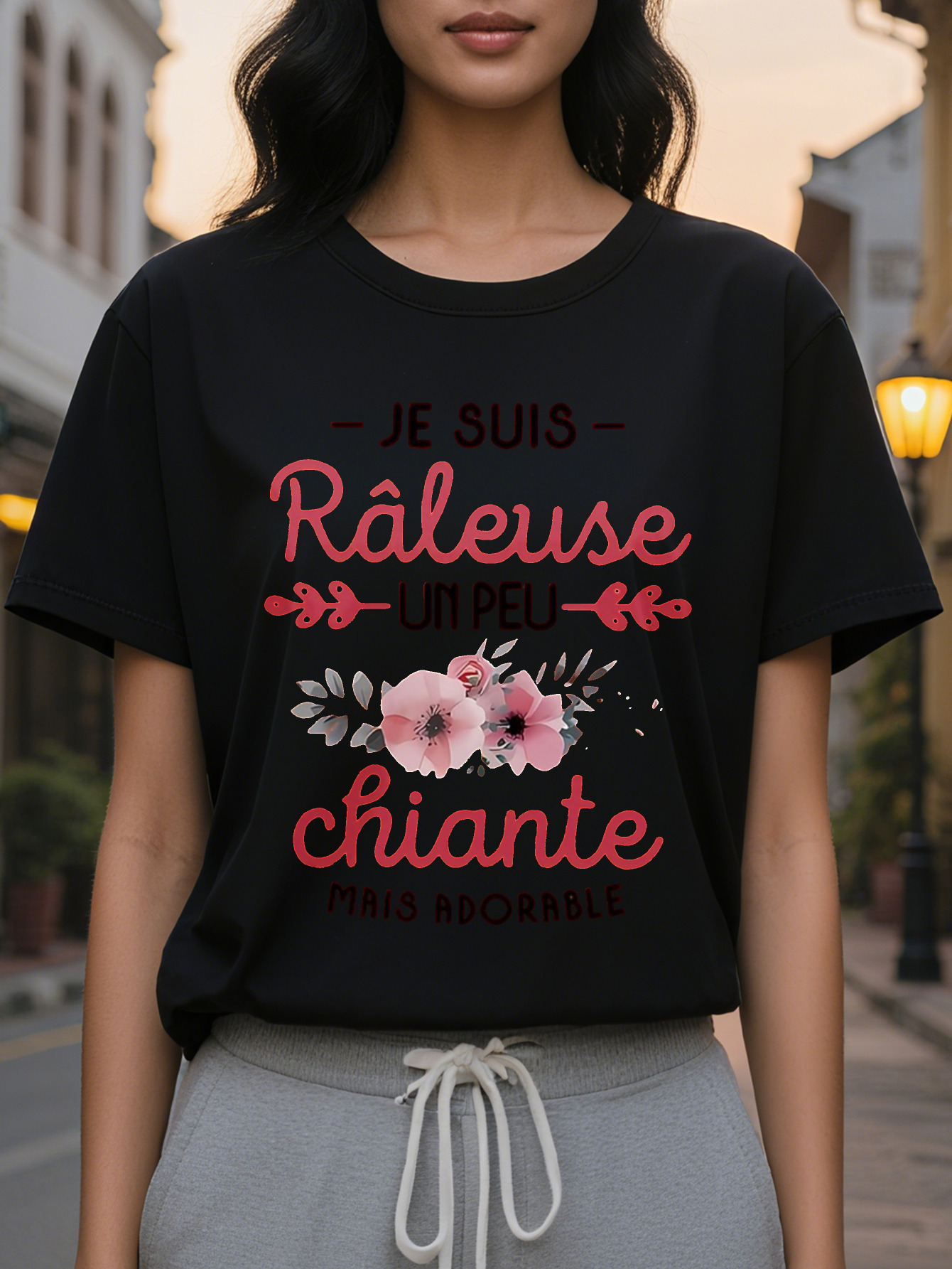 RALEUSE Ladies French Quotations and Printed T-Shirt Light Beige Loose Short Sleeve Top Breathable Round Neck Summer