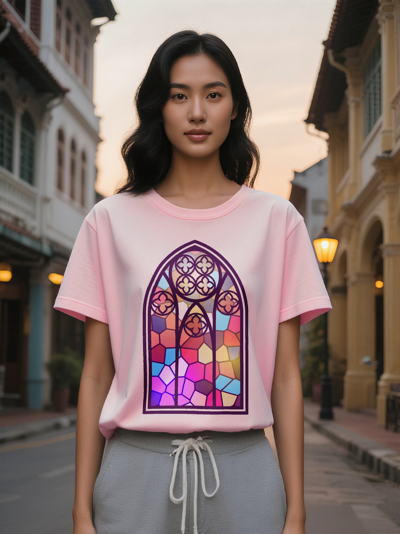Large XL Women's Casual Short Sleeve T-Shirt with Stained Glass Window Graphic Print Vibrant Geometric Design Breathable Round Plus Size