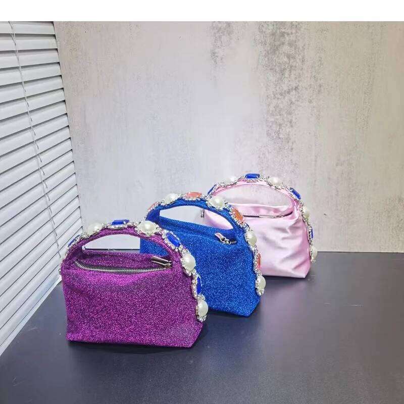 High Quality Women's Handbag Satin Hobo Crystal Shiny Dias Pearl Beaded Evening Bag Wedding Party Clutch Purse