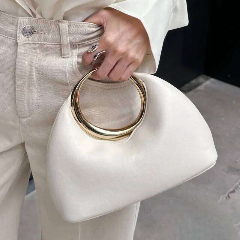 Metallic Round Handle Handbag Designer Evening Bags For Women Soft PU Leather Shoulder Bag Half Moon Cloud Clutch