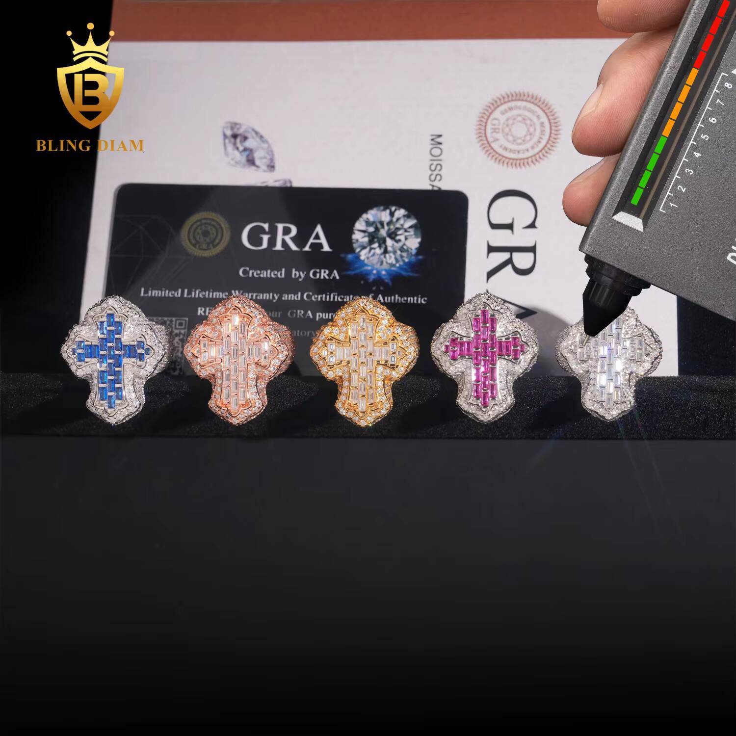 New Arrivals Wholesale Price Iced Out Jewelry Hip Hop Baguette Sapphire Corundum 925 Silver VVS Moissanite Ring